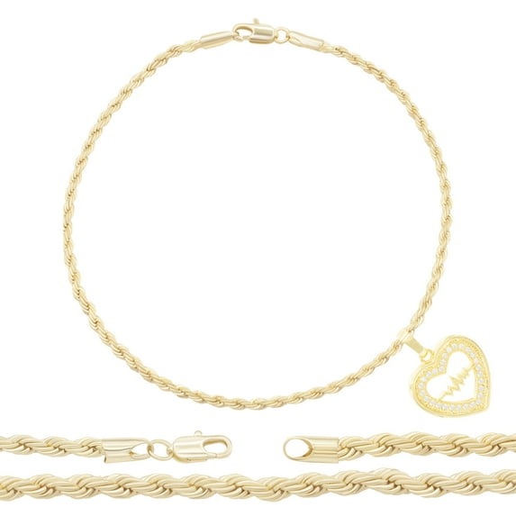 BEBERLINI Women Heart CZ Charm Anklet 14K Gold Filled Rope Chain Ankle Bracelet Jewelry