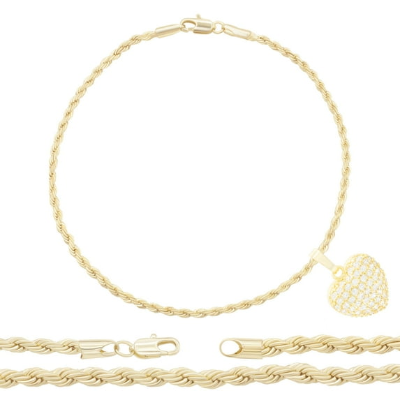 BEBERLINI Women Heart CZ Charm Anklet 14K Gold Filled Rope Chain Ankle Bracelet Jewelry