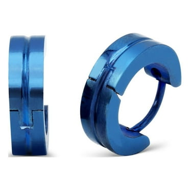 BEBERLINI Huggie Hoop Earrings Stainless Steel Hinged Snap Clasp Female Fashion Ear Jewelry Gift for Adult Female Grooved Blue