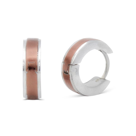 BEBERLINI Men Huggie Hoop Earrings Stainless Steel Rose Gold Jewelry Gift Silver Stripes