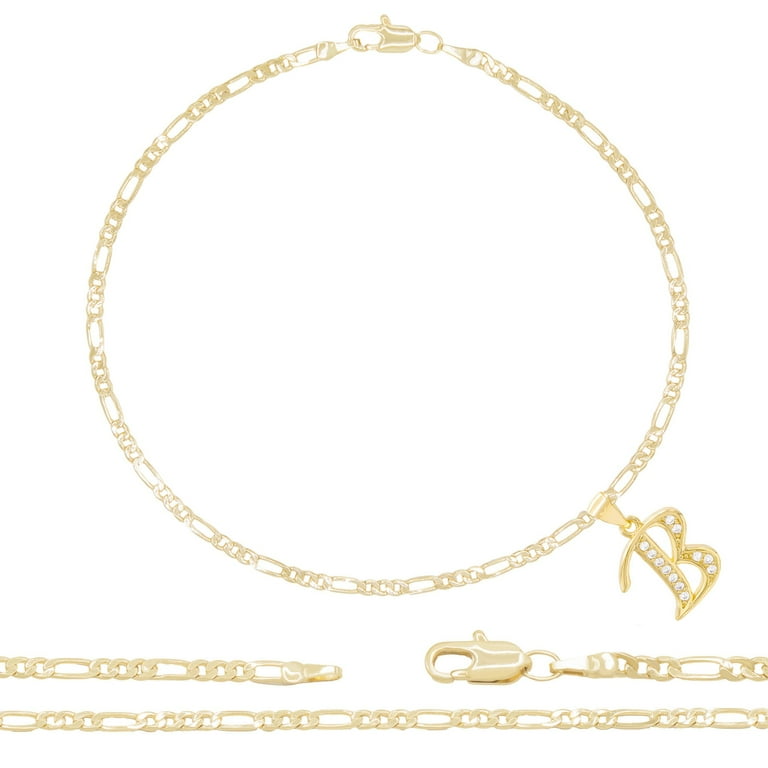 BEBERLINI Letter B CZ Charm Initial Anklet 14K Gold Filled Figaro