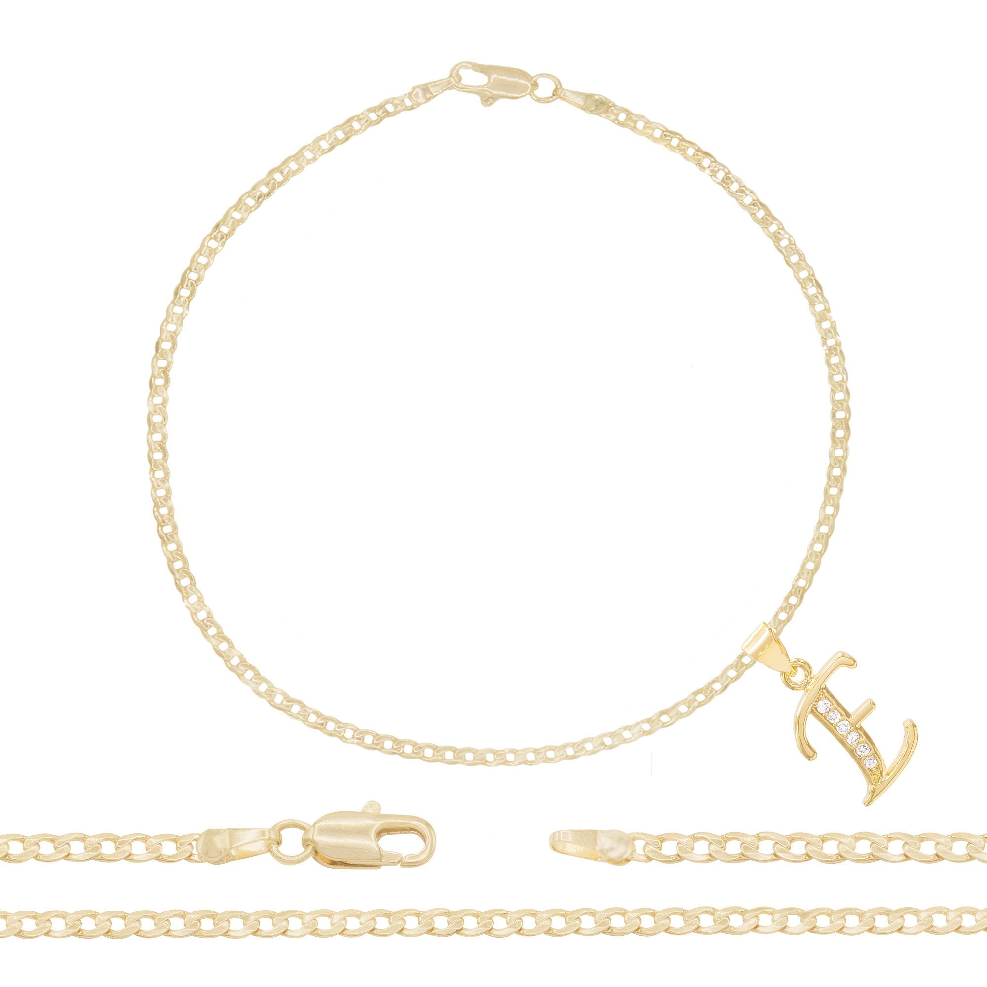 BEBERLINI Letter E CZ Charm Initial Anklet 14K Gold Filled Cuban