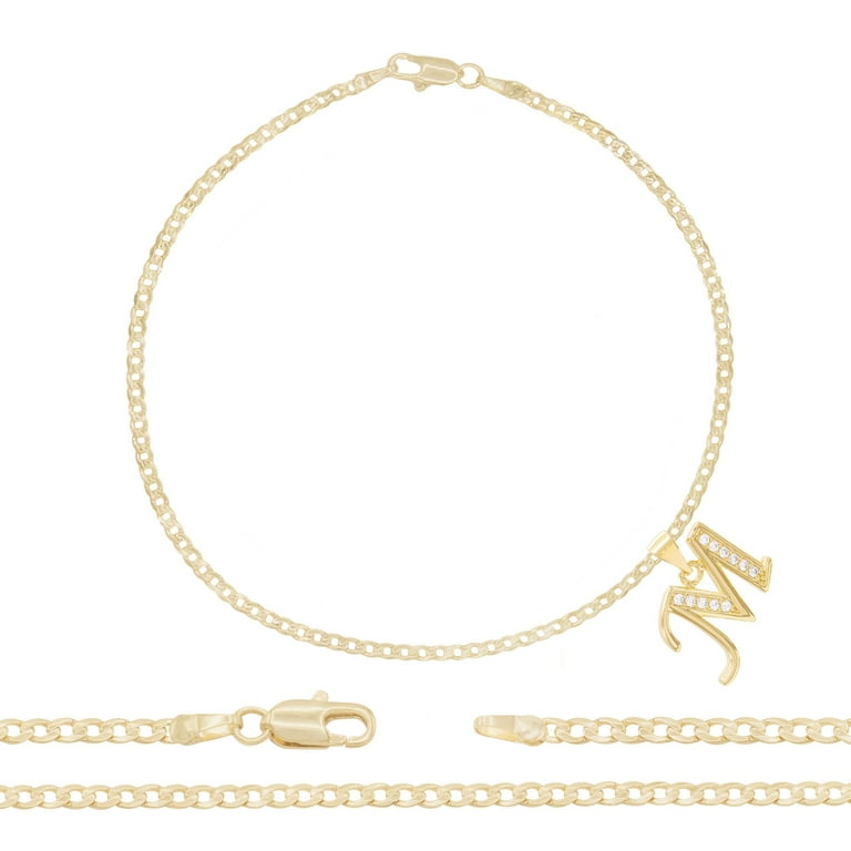 BEBERLINI Letter M CZ Charm Initial Anklet 14K Gold Filled Cuban