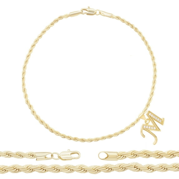BEBERLINI Women Letter M CZ Charm Anklet 14K Gold Filled Rope Chain Ankle Bracelet Jewelry