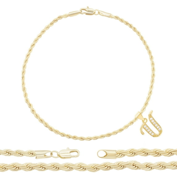 BEBERLINI Women Letter U CZ Charm Anklet 14K Gold Filled Rope Chain Ankle Bracelet Jewelry