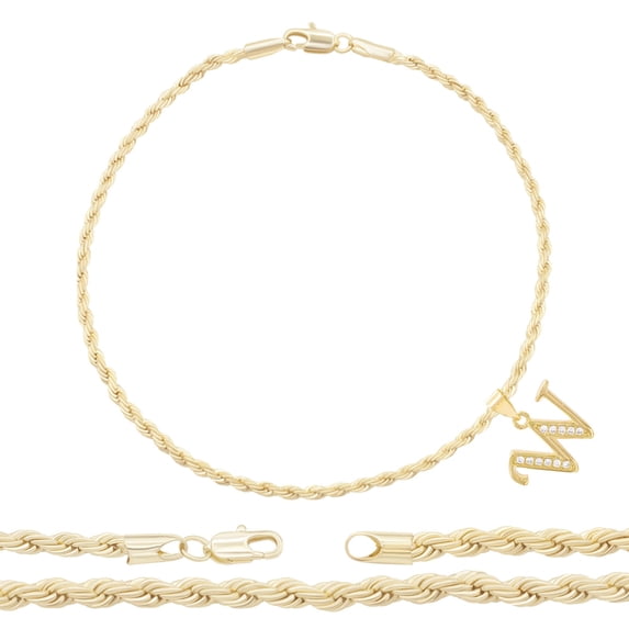 BEBERLINI Women Letter W CZ Charm Anklet 14K Gold Filled Rope Chain Ankle Bracelet Jewelry