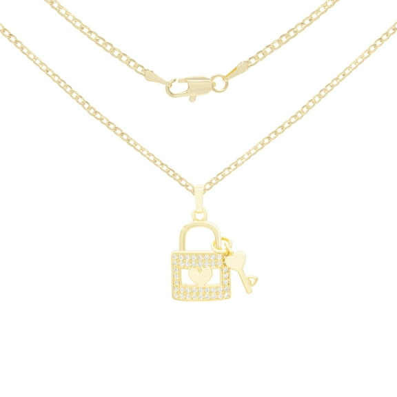 BEBERLINI Women Lock Pendant Necklace Set 14K Gold Filled Box Chain CZ Charm Jewelry 24"