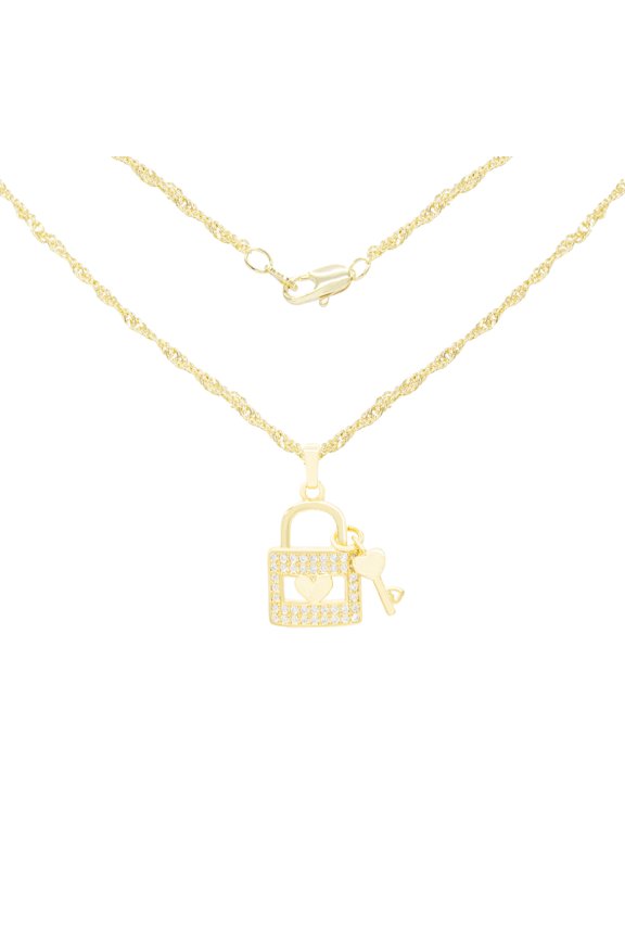 Women Lock Pendant Necklace Set 14K Gold Filled Cuban Chain CZ Charm Jewelry 24"