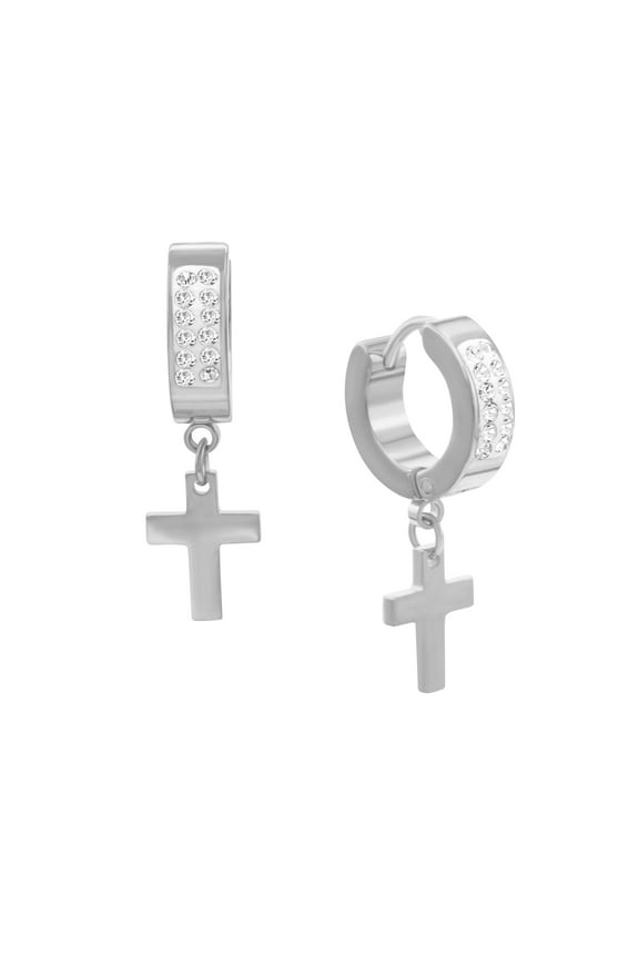 Men Cross Pendant CZ Huggie Hoop Earrings Silver Stainless Steel Jewelry Gift