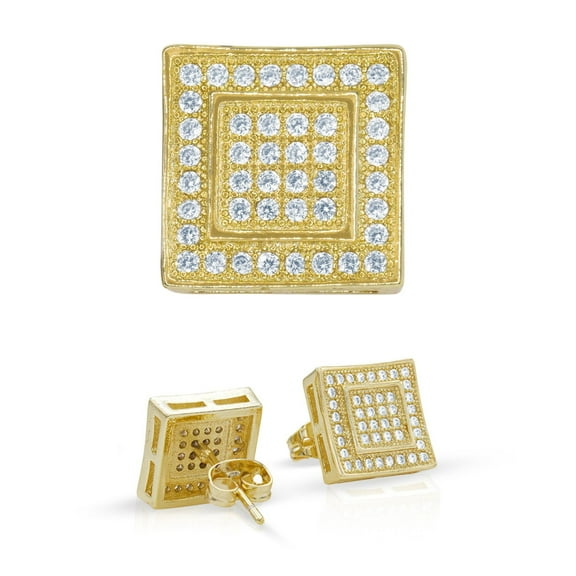 BEBERLINI Men Stud Earrings Cubic Zirconia 14K Gold Filled Brass Jewelry Double Square
