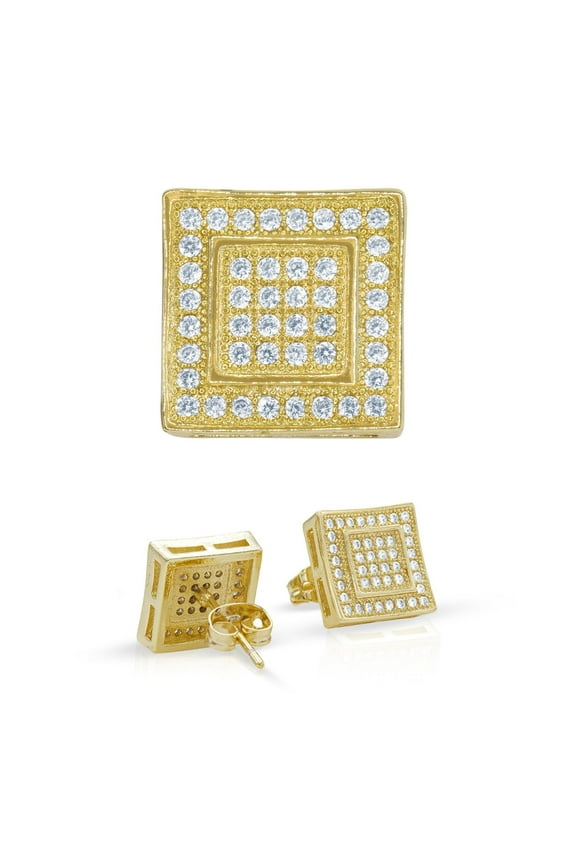 Men Stud Earrings Cubic Zirconia 14K Gold Filled Brass Jewelry Double Square