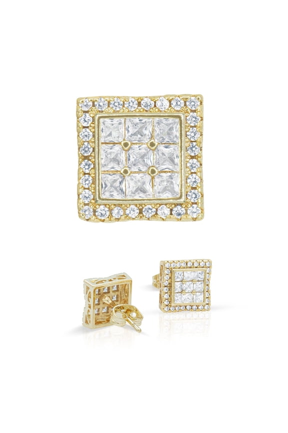 Men Stud Earrings Cubic Zirconia 14K Gold Filled Brass Jewelry Double Square