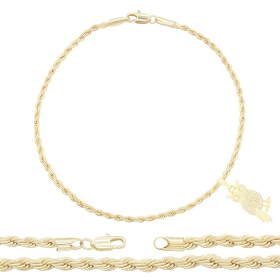BEBERLINI Women Owl CZ Charm Anklet 14K Gold Filled Rope Chain Ankle Bracelet 10" Jewelry