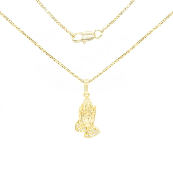 BEBERLINI Women Praying Hands CZ Pendant Necklace 14K Gold Filled Box Chain Jewelry 20"