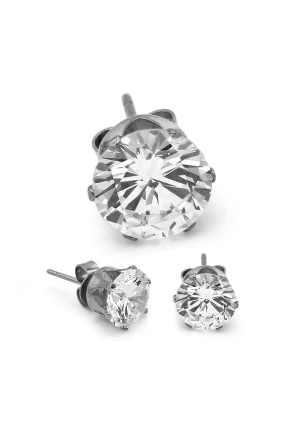 Men Stud Earrings Cubic Zirconia Silver Stainless Steel Jewelry Round 8 mm