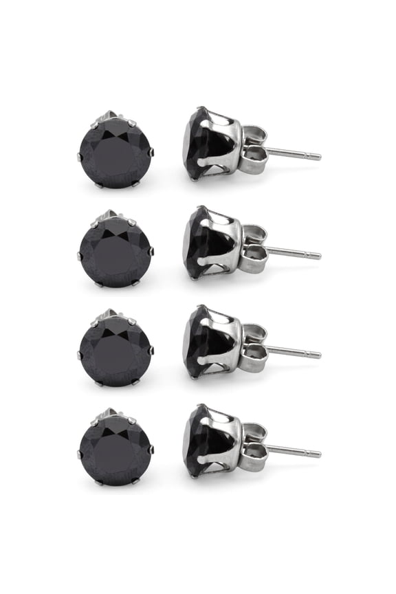 Stud Earring Set of 4 Cubic Zirconia Earrings Shinny Female Black Round Ear Jewelry Size 8