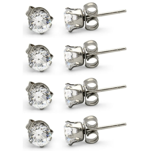 BEBERLINI Stud Earring Set of 4 Cubic Zirconia Earrings Shinny Female Silver Round Ear Jewelry Size 5