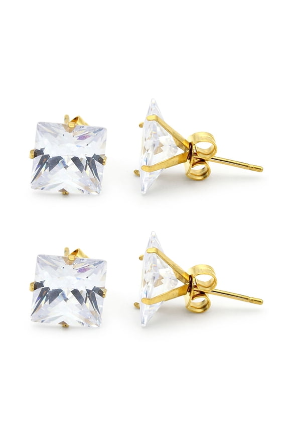 Stud Earrings Set Of 2 Pairs Square Cubic Zirconia 14K Gold Plated Stainless Steel CZ Ear Piercing Fashion Jewelry for Adult Female Size 9 mm