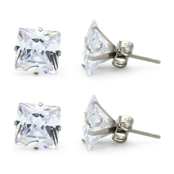 BEBERLINI Stud Earrings Set Of 2 Pairs Square Cubic Zirconia Stainless Steel CZ Ear Piercing Fashion Jewelry for Adult Female Size 9 mm Silver