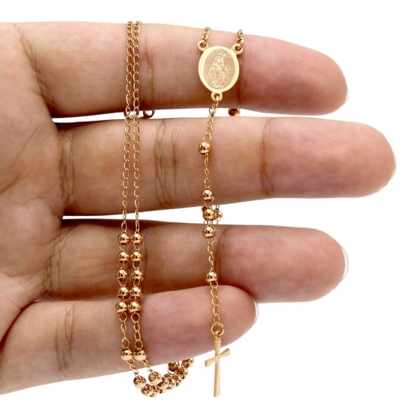 BEBERLINI Traditional Rosary Beads Necklace Crucifix Pendant Five-Decade Stainless Steel Catholic Prayer Religious Fashion Jewelry for Adult Men 3 mm 18" Long