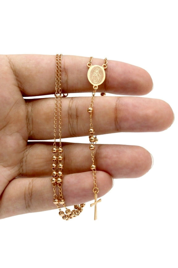 Traditional Rosary Beads Necklace Crucifix Pendant Five-Decade Stainless Steel Catholic Prayer Religious Fashion Jewelry for Adult Men 3 mm 18" Long