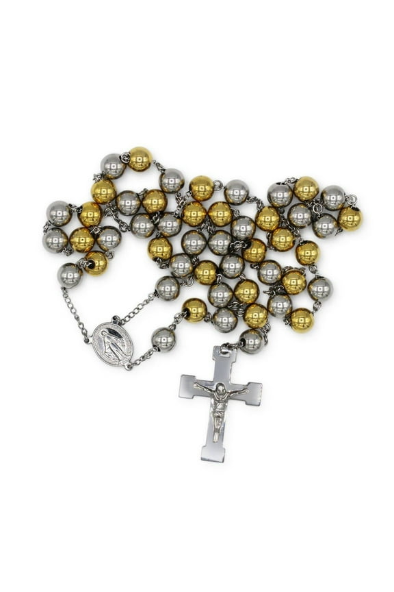 Traditional Rosary Necklace Five Decade Stainless Steel Catholic Prayer Beads 10mm