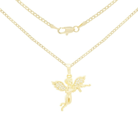 BEBERLINI Women Guardian Angel Pendant Necklace Set 14K Gold Filled Cuban Chain Jewelry 24"