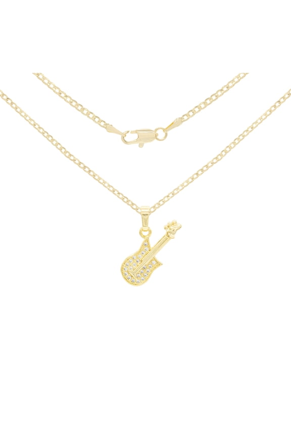 Women Guitar CZ Pendant Necklace Set 14K Gold Filled Cuban Chain Jewelry 24"