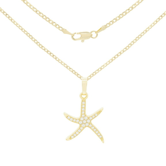 BEBERLINI Women Starfish Pendant Necklace Set 14K Gold Filled Cuban Chain CZ Charm Jewelry 20"
