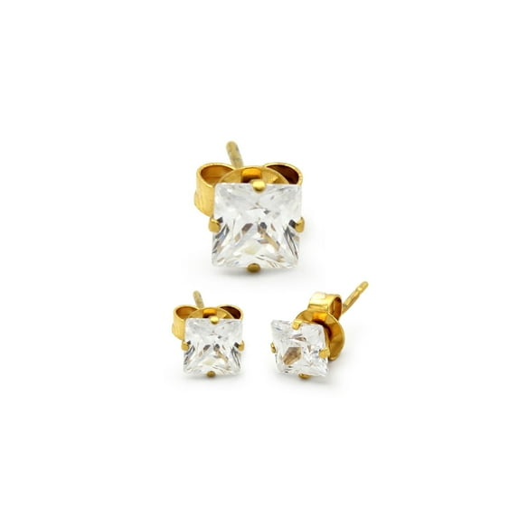 BEBERLINI Men Stud Earrings CZ 14K Gold Plated Stainless Steel Jewelry Square 4 mm