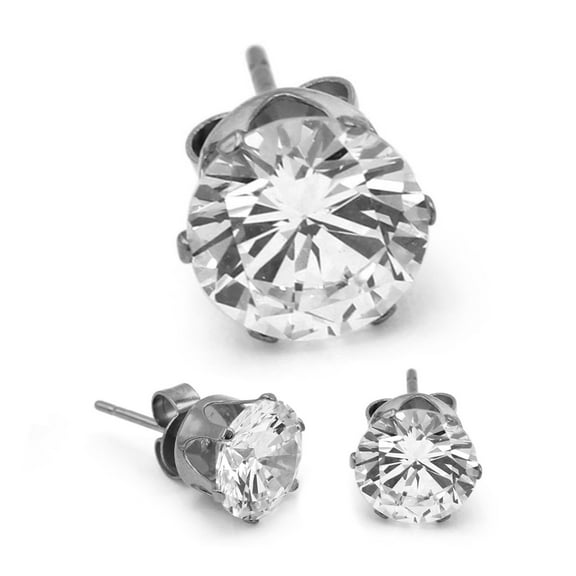 BEBERLINI Women Stud Earrings Cubic Zirconia Silver Stainless Steel Jewelry Round 8 mm