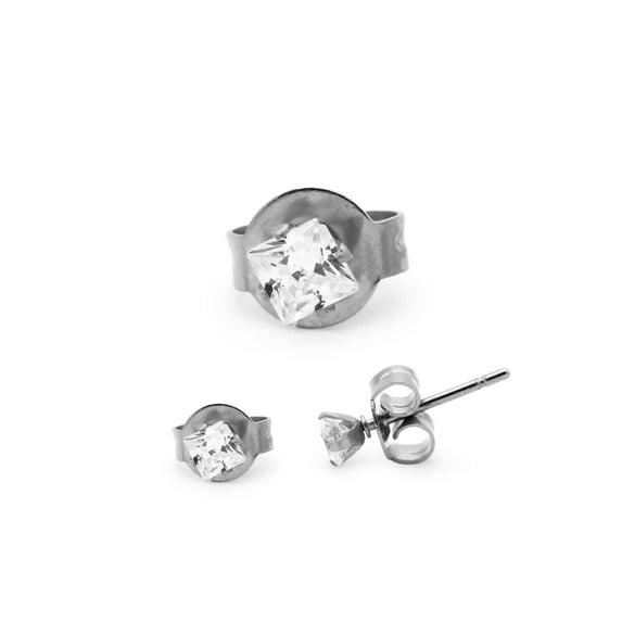 BEBERLINI Men Stud Earrings Cubic Zirconia Silver Stainless Steel Jewelry Square 3 mm