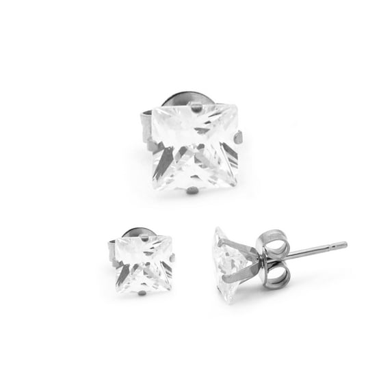 BEBERLINI Men Stud Earrings Cubic Zirconia Silver Stainless Steel Jewelry Square 6 mm