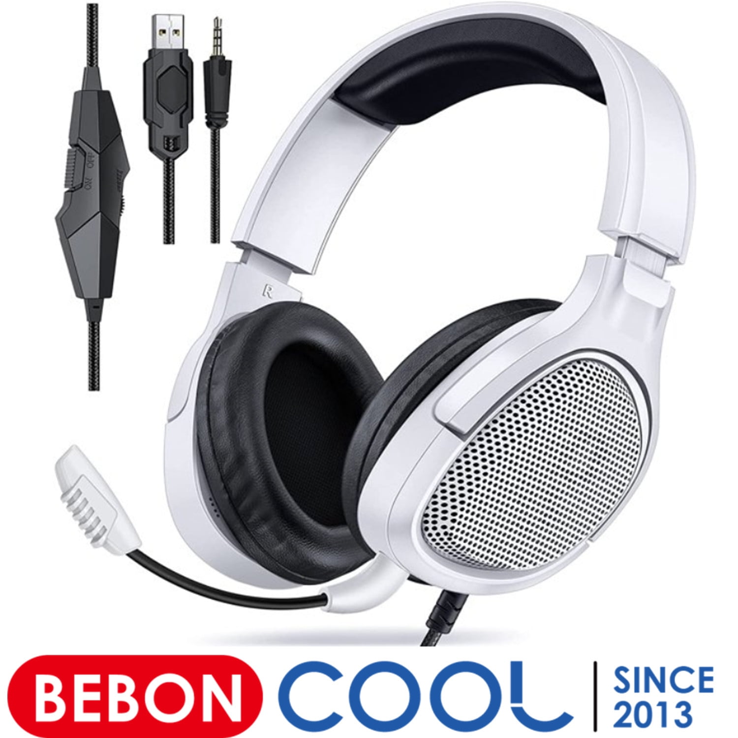 BEBONCOOL Gaming Headsets for PS5,Over Ear Computer Headphones with 3D Surround Sound for PS4 /Switch /PS5 Console, Noise Cancelling Mic, Removal Microphone- White