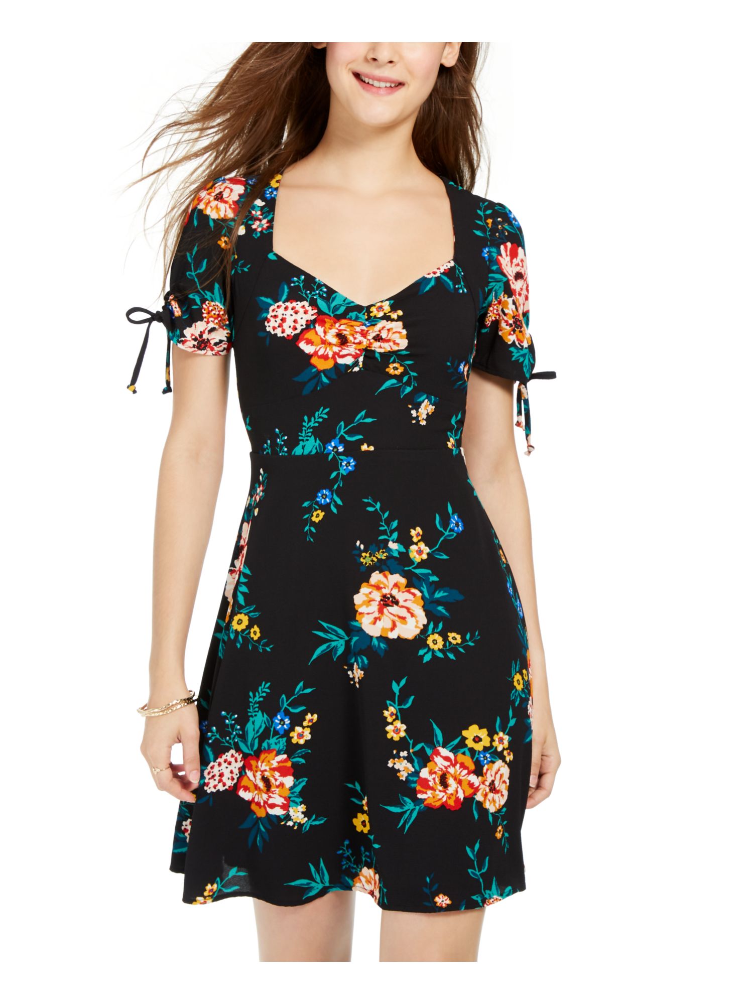 BEBOP Womens Black Floral Short Sleeve V Neck Short Evening A-Line Dress  Juniors M - Walmart.com