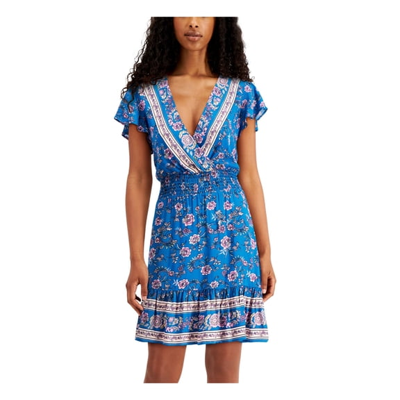 BEBOP Womens Blue Ruffled Flounce Hem Smocked Floral Flutter Sleeve Surplice Neckline Short Blouson Dress XS