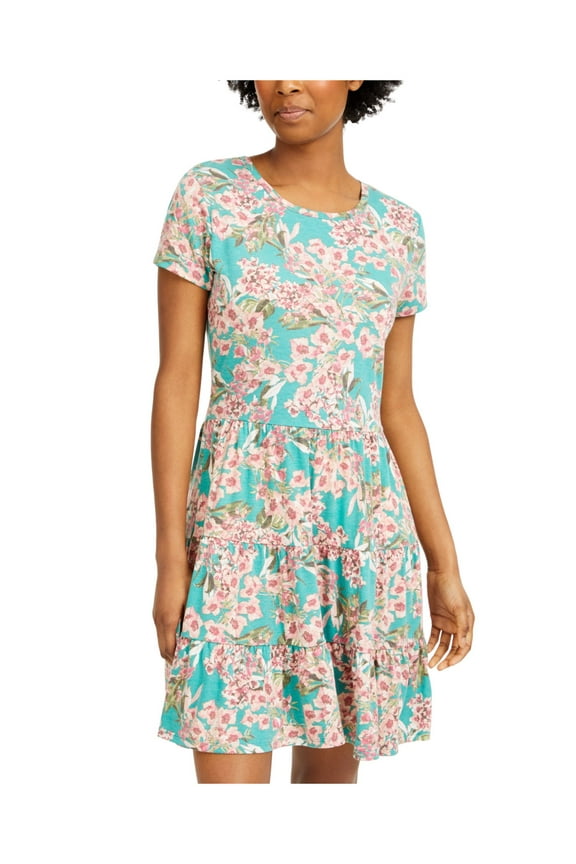 Womens Green Tiered T-shirt Short Sleeve Above The Knee Dress Juniors XS