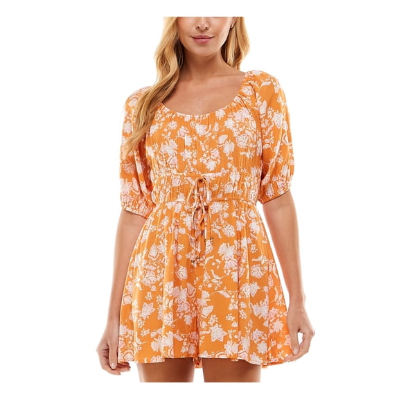 BEBOP Womens Orange Floral Elbow Sleeve Scoop Neck Wide Leg Romper Juniors XL