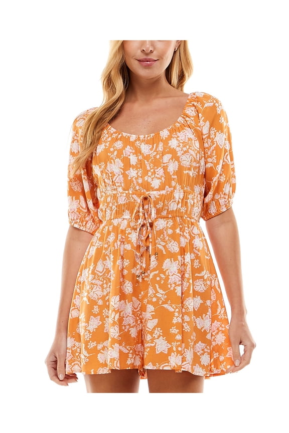 Womens Orange Floral Elbow Sleeve Scoop Neck Wide Leg Romper Juniors XL