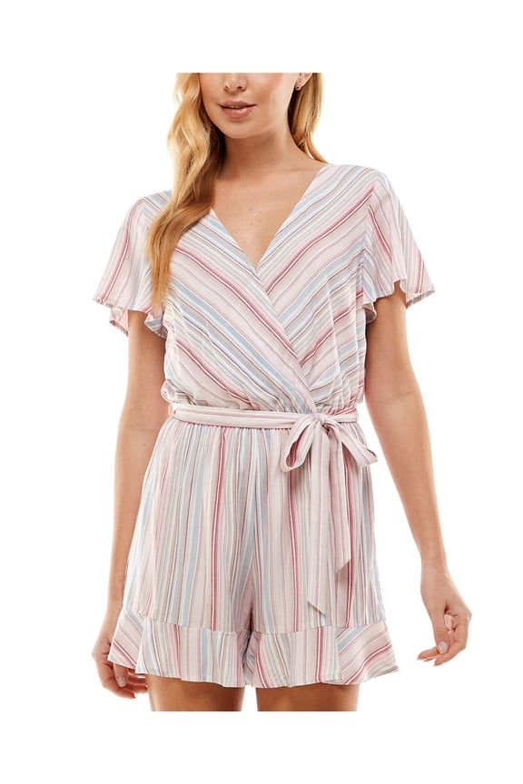 Womens Pink Ruffled Pull-on Self-tie Belt Striped Flutter Sleeve Surplice Neckline Wide Leg Romper Juniors S