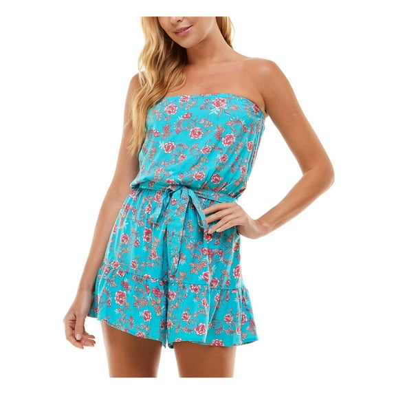 BEBOP Womens Turquoise Ruffled Belted Blouson Bodice Elastic Waist Floral Sleeveless Strapless Wide Leg Romper XXS