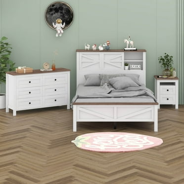 BEBPILOO 3-Pieces Bedroom Sets Full Size Farmhouse Platform Bed with Double Sliding Door Storage Headboard and Charging Station, Storage Nightstand and Dresser, White+Brown