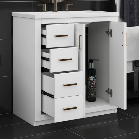 BEBPILOO 30" Bathroom Vanity with Ceramic Sink Combo, Freestanding Vanity Set with 3 Drawers& Soft Closing Doors, Spacious & Easy - to - Assemble, White