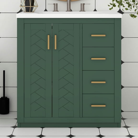 BEBPILOO 30" Bathroom Vanity with Ceramic Sink Combo, Solid Wood Frame Bathroom Storage Cabinet with 3 Drawers& Soft Closing Doors, Freestanding Design, Green