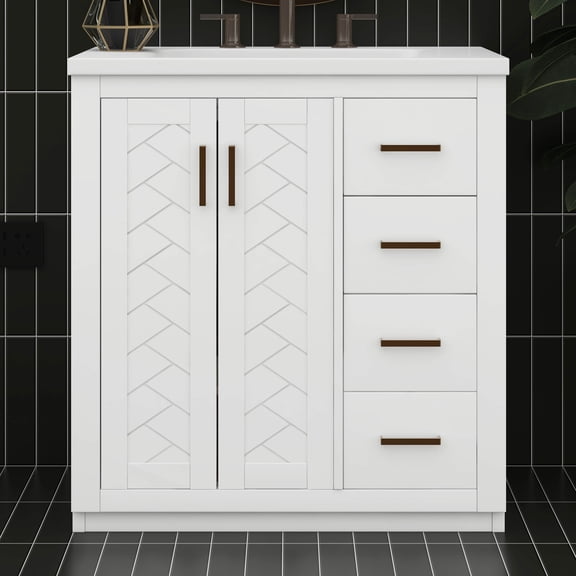 BEBPILOO 30" Bathroom Vanity with Ceramic Sink Combo, Solid Wood Frame Bathroom Storage Cabinet with 3 Drawers& Soft Closing Doors, Freestanding Design, White