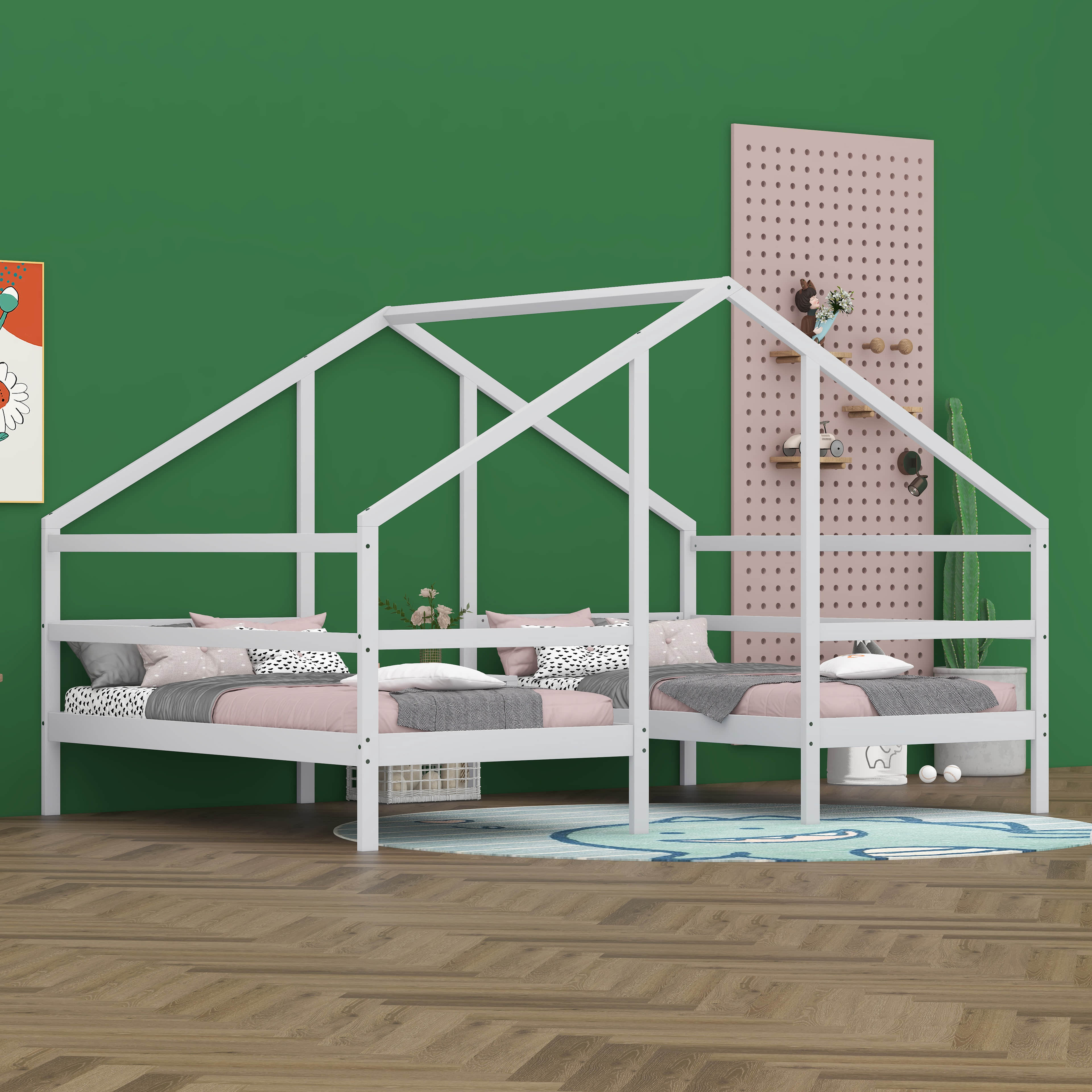 BEBPILOO Double Twin Triangle House Bed with Built-in Desk, White ...