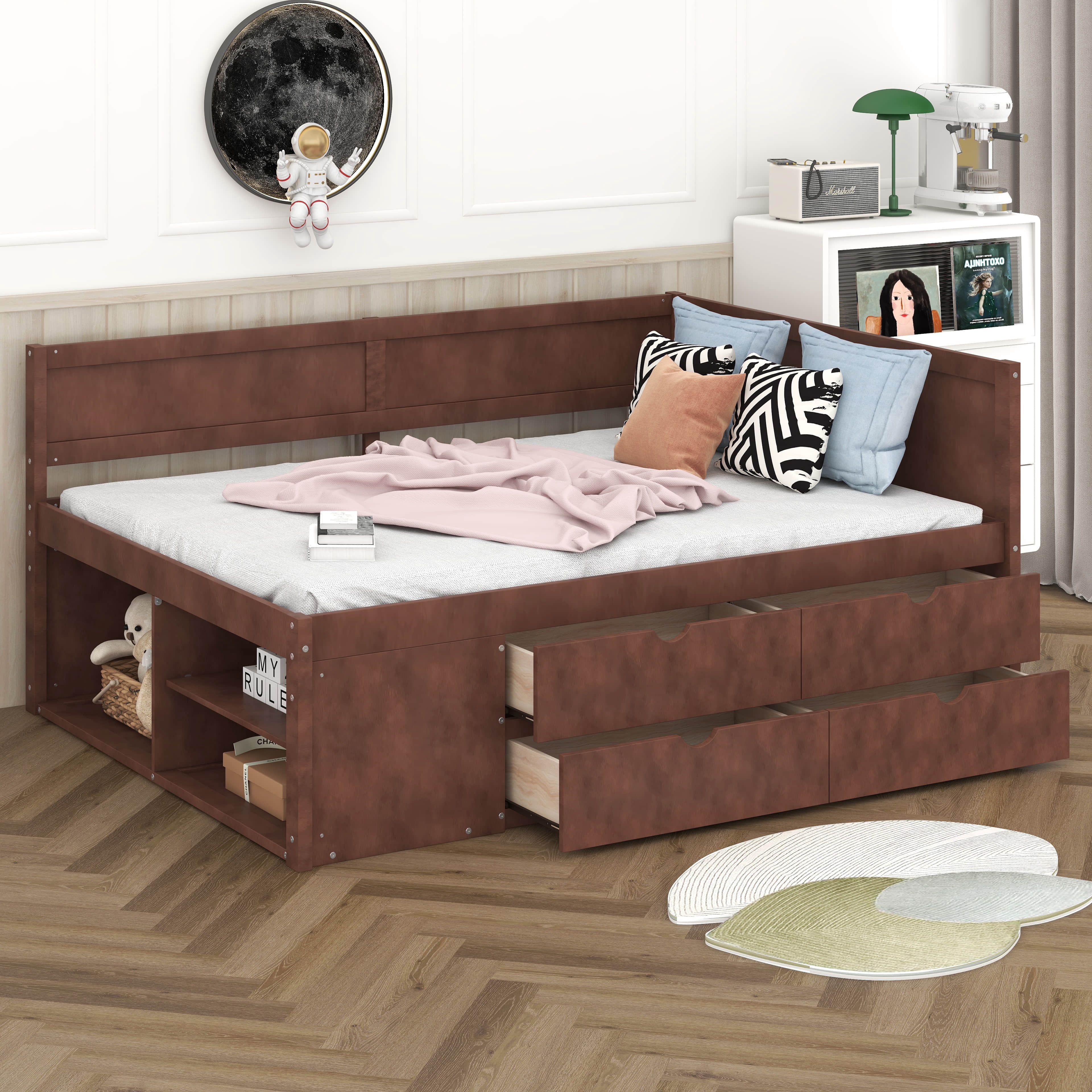 BEBPILOO Full Size Daybed with Drawers and Shelves, Walnut - Walmart.com
