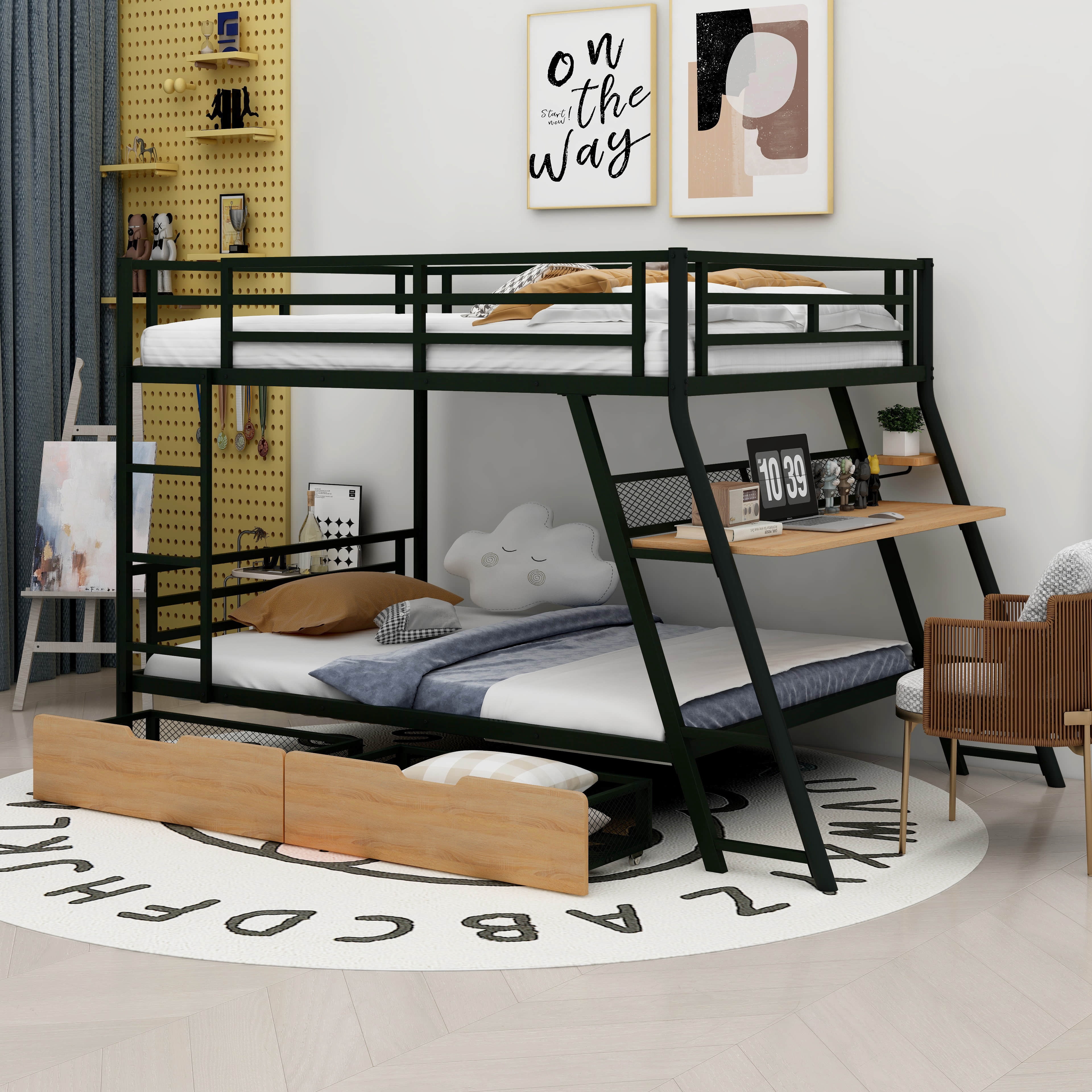 BEBPILOO Full Size Metal Bunk Bed with Built-in Desk, Light and 2