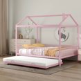 thumbnail image 1 of BEBPILOO Full Size Metal House Bed with Fence, With Trundle, Pink, 1 of 12