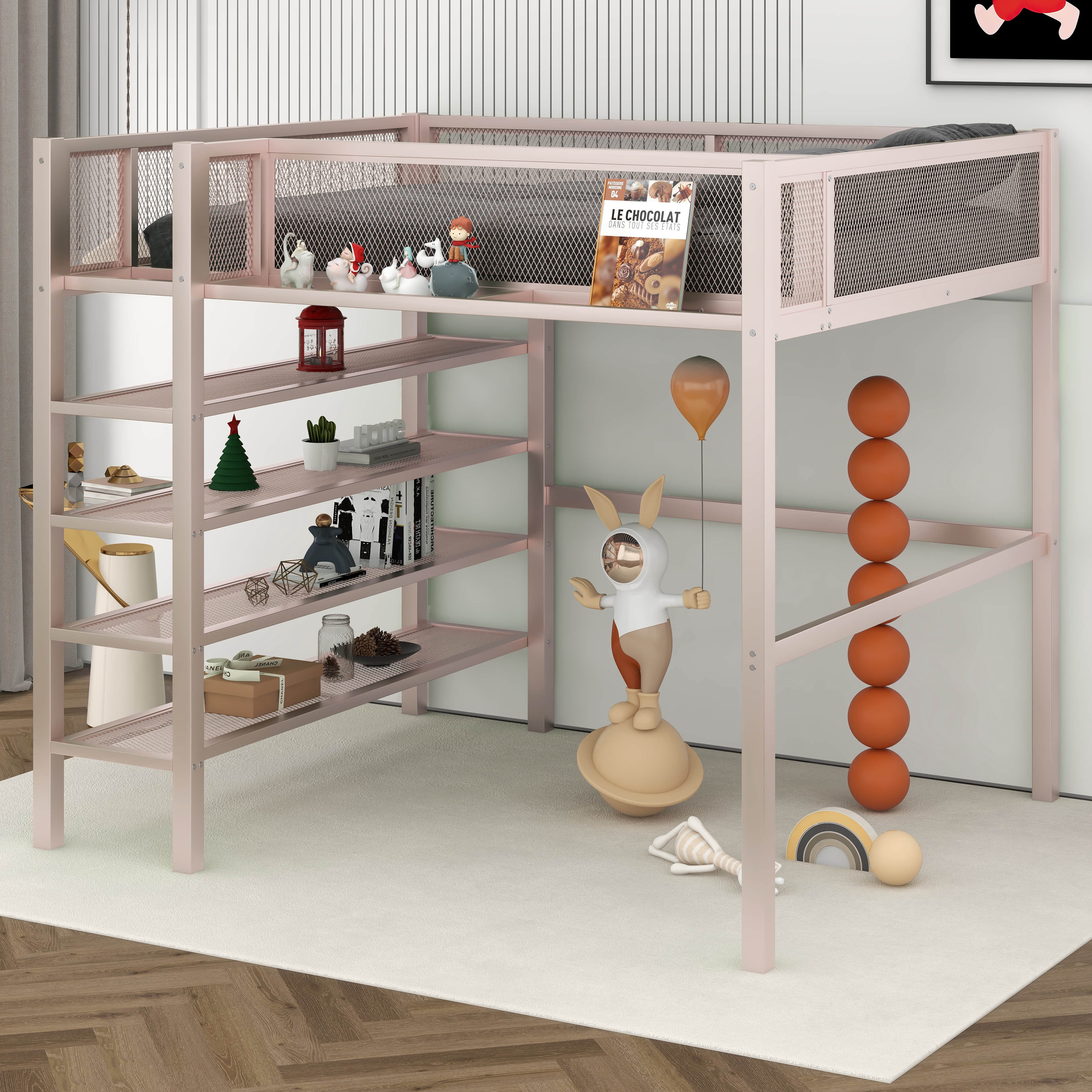 BEBPILOO Full Size Metal Loft Bed with 4-Tier Shelves and Storage, Pink ...